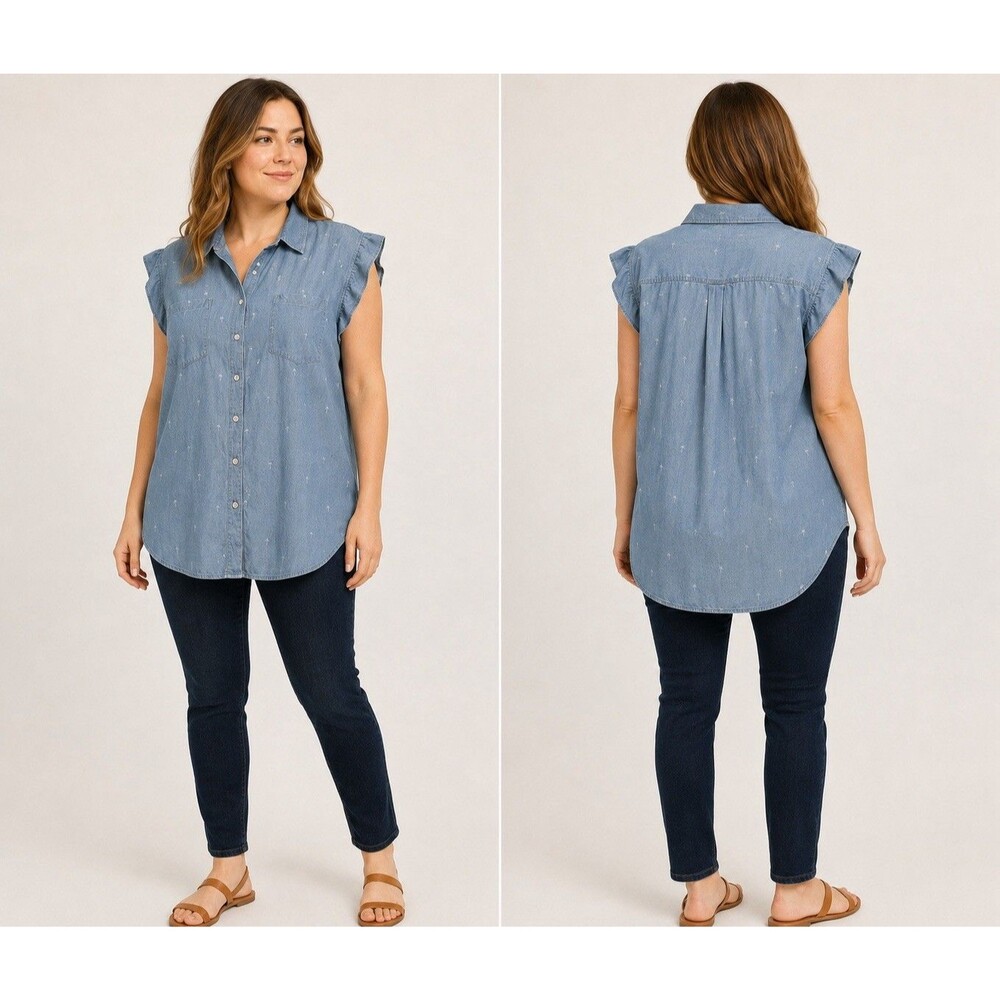 JACHS Girlfriend Women’s XXL Tencel Chambray Palm Tree Button-Up Tunic